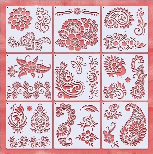 stencil plantilla reutilizable 15x15cms modelo estampados floral x9 motivos diferentes precio unitario 0