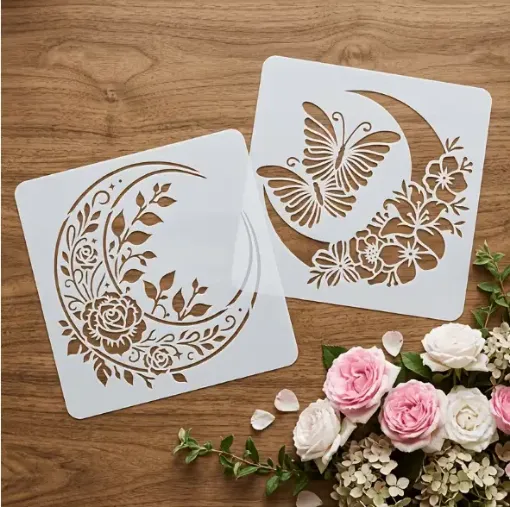stencil plantilla reutilizable 15x15cms modelo luna creciente floral set 2 modelos diferentes 0