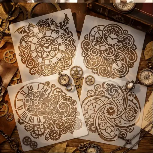 stencil plantilla reutilizable 15x15cms modelo relojes steampunk 4 motivos diferentes precio unitario 0