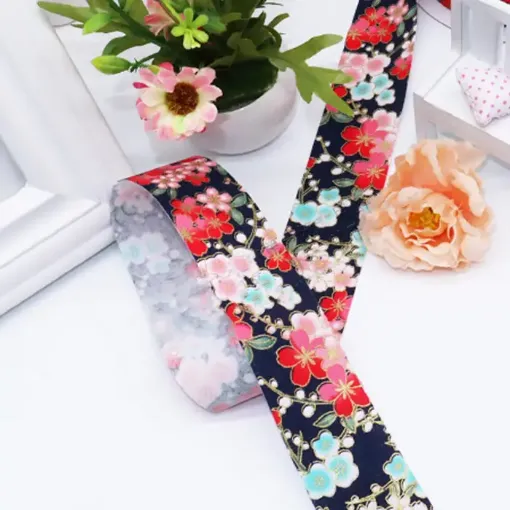 cinta algodon 40mms estampada flores dorado por 2mts 0