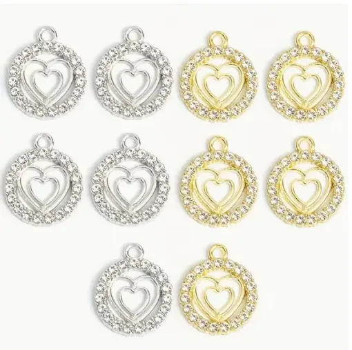 dije colgante metalico modelo moneda corazones strass medida 17x14mms x5 unidades colores surtidos 0