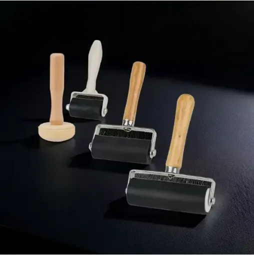 set 3 rodillos goma para grabado serigrafia brayer printing rollers mango madera sello 0
