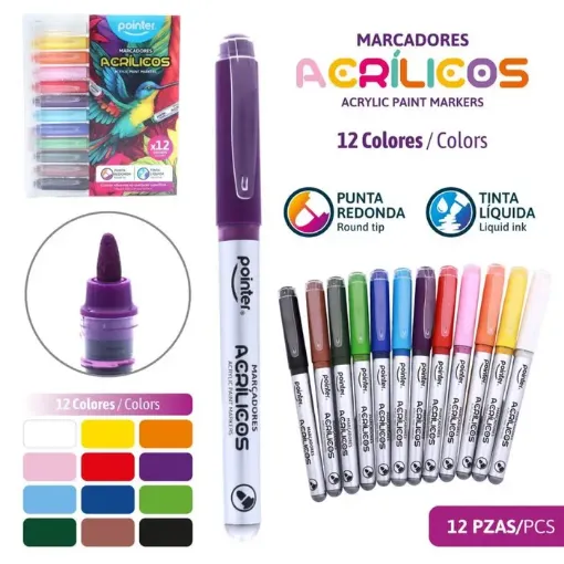 marcadores acrilicos pintura acrilica punta redonda media 3mms pointer x12 colores brillantes 0