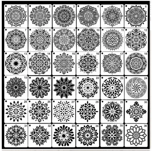 stencil plantilla reutilizable medida 12x12cms modelo mandala x60 motivos diferentes por unidad 0